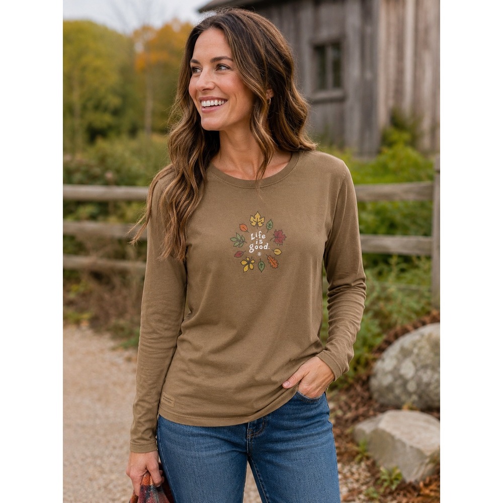 Life is Good Womens Brown Fall Leaves Long Sleeve Crusher Tee Relaxed Fit Medium - Picture 3 of 7